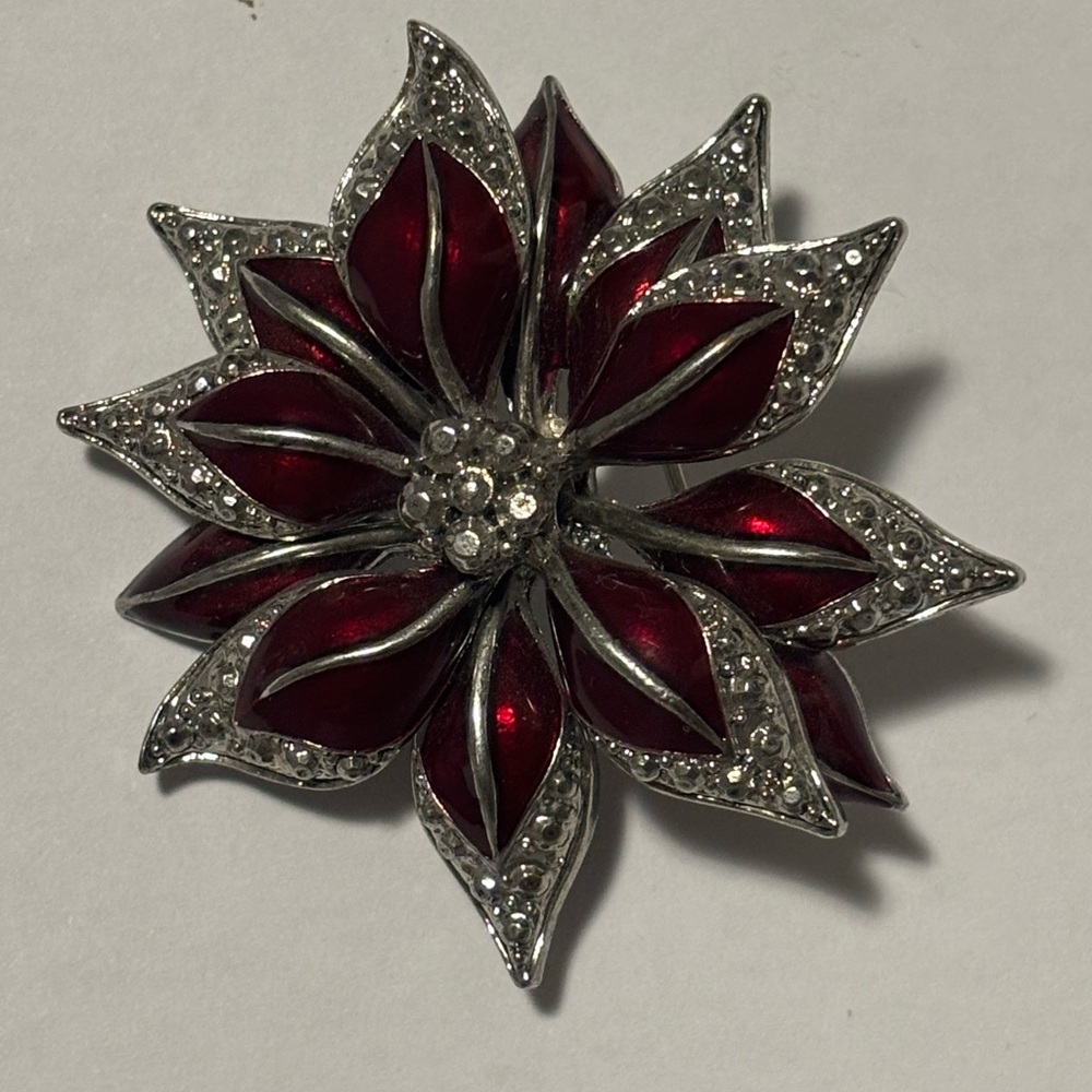 Elegant Red and Silver Floral Brooch